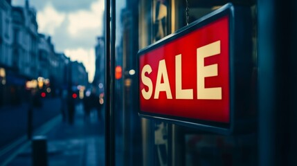 Minimalistic shop window with a striking "SALE" sign, while urban life buzzes outside.