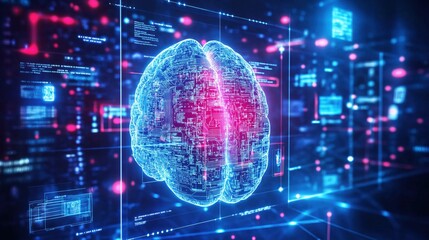 AI human brain being protected by layers of encryption firewalls biometric locks human intelligence and artificial cybersecurity systems in futuristic world