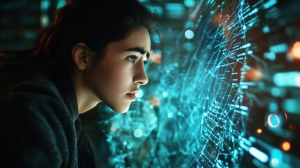 Woman sits at computer surrounded by digital web of data and personal information activate encryption protocols to protect identity from looming cyber threat