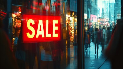 Shop window with a glowing red "SALE" sign, urban street scene with passersby reflected in the glass.