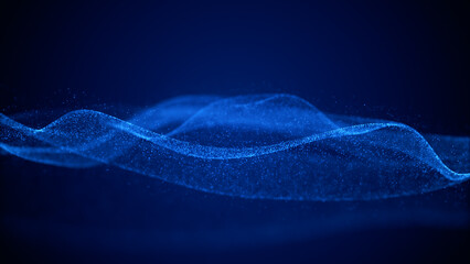 Abstract blue wave of digital particles flowing across a dark background, evoking concepts of technology, data, and connectivity. 3D rendering.