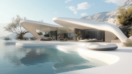 The villa features a curved, white exterior with large, floor-to-ceiling windows that offer panoramic ocean views. 