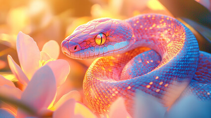A beautiful snake in vibrant colors, bright and saturated, soft focus background