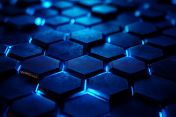 Fototapeta premium Metallic Hexagonal Tiles Illuminated by Neon Blue Light Create a Futuristic and Mesmerizing Visual Experience