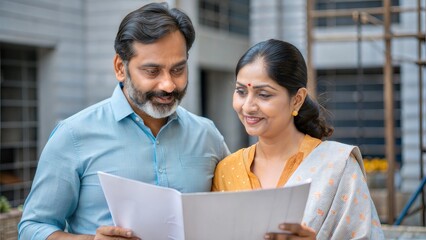 An Indian couple discussing home renovation plans for their new property.