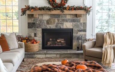 Cozy Thanksgiving fireplace with a festive mantle, fall wreaths, and warm blankets in an inviting living room