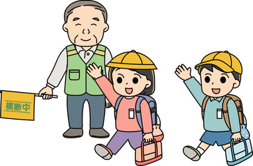 旗振りの男性と登校する小学生