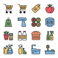 illustrations vector sale offer supper market items icon  for juice and basket ,label ,price , fruits , others 
