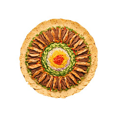 Fajita Platter Mandala sizzling strips of marinated chicken beef and peppers layered in an intricate