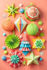Colorful paper decorations in festive layout on coral background with copy space