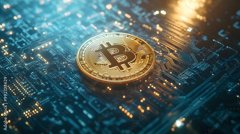 Poster 2. a close-up of a golden bitcoin resting on a bed of circuit board patterns, illuminated by soft bl
