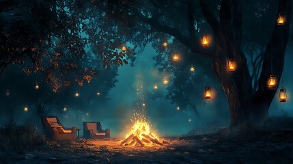 Fototapeta premium Enchanted Forest Campfire with Lanterns.