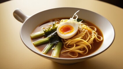 Close-up of savory ramen noodles topped with seaweed, bamboo shoots, and a perfectly soft-boiled egg, in a flavorful and aromatic broth