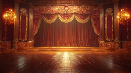 A richly detailed stage with polished wooden floors and ambient golden lighting, The backdrop features deep burgundy curtains with ornate gold patterns