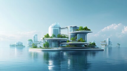 Fototapeta premium Futuristic island cityscape with sleek glass buildings, floating platforms, and greenery integrated into architecture, isolated in a vast ocean under a clear sky, with an empty space in the
