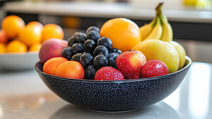 Naklejka premium A decorative bowl filled with colorful seasonal fruits like apples, oranges, bananas, and berries creates vibrant and inviting centerpiece. fresh produce adds touch of nature to any kitchen or dining