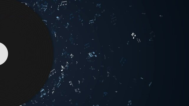 Blue looped background with flying musical notes. A screensaver with a vinyl record. Copy space.