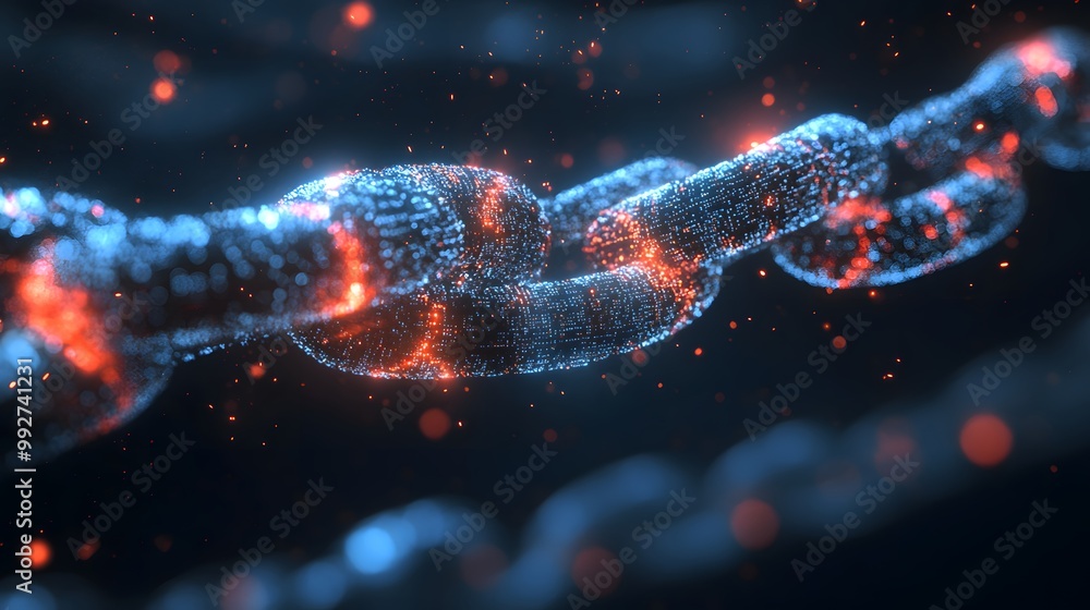 Poster 4. an abstract representation of blockchain technology, featuring interlinked chains and nodes pulsi