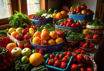 colorful food containers overflowing fresh fruits vegetables displaying abundance variety, apples, bananas, berries, broccoli, carrots, cauliflower