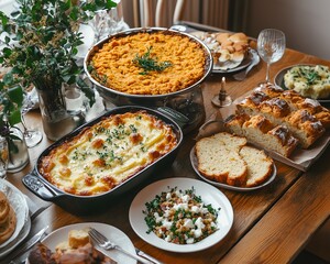 Table filled with Thanksgiving dishes, including sweet potato casserole and homemade bread