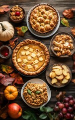 Thanksgiving desserts table with pumpkin pie, apple crumble, and seasonal treats on a wooden surface