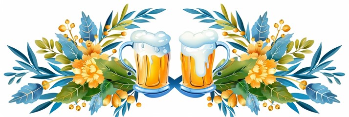 Oktoberfest-themed illustration featuring two frothy beer mugs surrounded by vibrant hops, flowers, and leaves