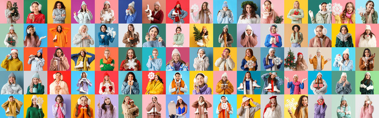 Big collage of different women in winter clothes on color backgrounds