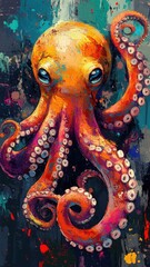 Obraz premium Octopus illustrated in Abstract Expressionism style, using bold strokes and vivid colors to express its dynamic and fluid nature.