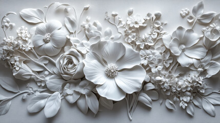 A stunning white bas relief illustration featuring intricate floral designs, showcasing various flowers and leaves in harmonious arrangement. delicate details evoke sense of elegance and tranquility