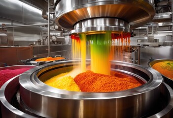 vibrant dynamic imagery showcasing food manufacturing machinery high speed action colorful ingredients efficient processes, assembly, automation, components