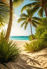 vibrant tropical foliage framing breathtaking beach scenery under clear blue sky gentle waves lapping golden sands, coastal, ocean, water, island