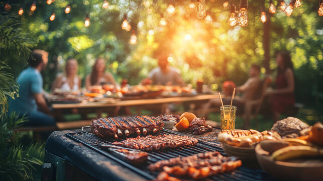 A vibrant backyard dinner scene featuring grill loaded with delicious BBQ meat, surrounded by friends enjoying warm evening. atmosphere is lively and inviting, perfect for summer gatherings