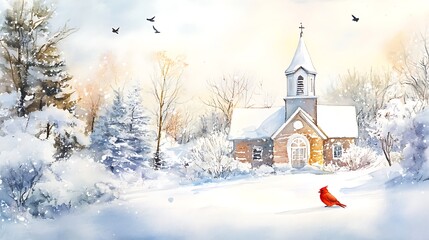 Watercolor Painting of a Snowy Church with a Cardinal Bird.