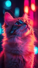 Maine Coon cat glowing in vibrant neon hues, set against a futuristic, Synthwave-inspired backdrop.