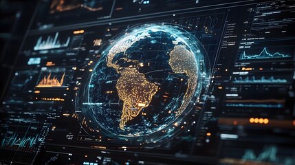 10. A dynamic interface displaying real-time data analytics, with charts and graphs swirling around a central 3D globe