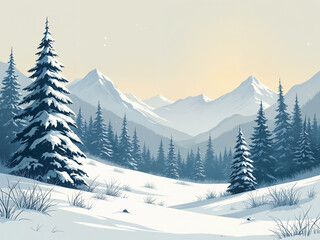 Fototapeta premium Snow-covered winter season landscape minimalistic illustration.