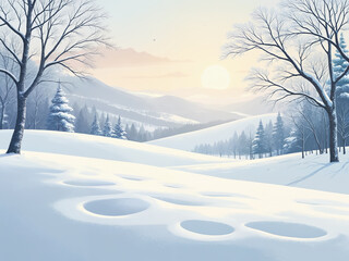 Snow-covered winter season landscape minimalistic illustration.