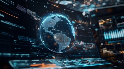 10. A dynamic interface displaying real-time data analytics, with charts and graphs swirling around a central 3D globe