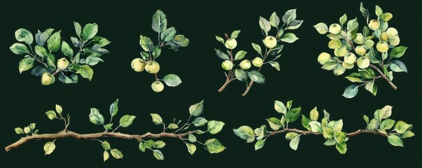 Obraz premium Set of watercolor red apple on branch with leaves,Watercolor illustration of a sweet fruit on a white background,illustration Isolated drawing,hand drawn concept,copy space.