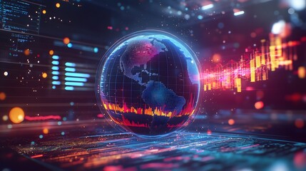 10. A dynamic interface displaying real-time data analytics, with charts and graphs swirling around a central 3D globe