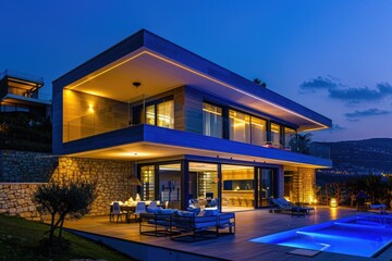 Modern villa with colored led lights at night.