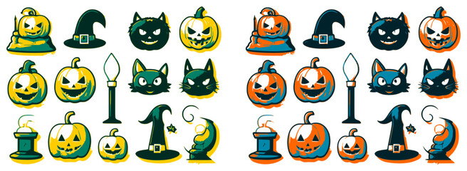 Halloween theme icons set for October Halloween celebrations as stickers and decorations on colour themes.