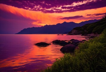 breathtaking sunset casting vibrant colors over calm ocean waves serene natural landscape, beach, sky, clouds, horizon, light, reflection, scenery, beauty