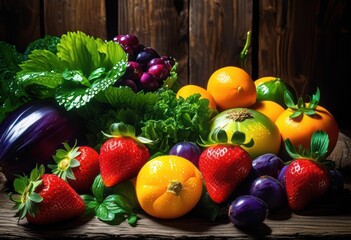 vibrant fruits vegetables arranged striking display showcasing their colorful fresh...