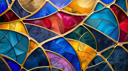 Fototapeta premium a colorful stained glass pattern with interlocking shapes in various hues like red, blue, green, and yellow