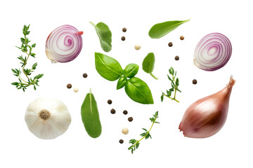 Flying fragrant spices with garlic, onion, rosemary, basil, and other in the air isolated on...