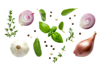 Flying fragrant spices with garlic, onion, rosemary, basil, and other in the air isolated on background,  rich flavors and aromatic for cooking.