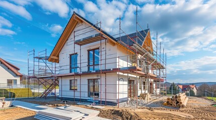 Exterior view of a new house in scaffolding under construction and painting.