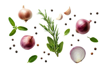 Falling spices and herbs with garlic, rosemary, basil, peppers and other isolated on background, ingredients that bring bold flavors and rich aromas to culinary.