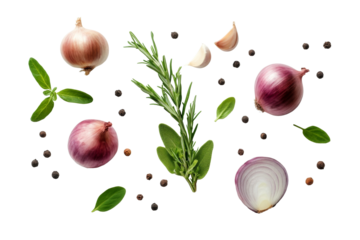 Falling spices and herbs with garlic, rosemary, basil, peppers and other isolated on background, ingredients that bring bold flavors and rich aromas to culinary.